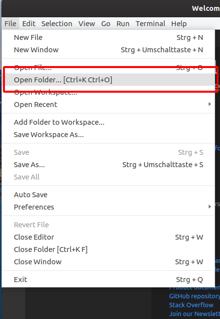 VS Code Open Folder via menu